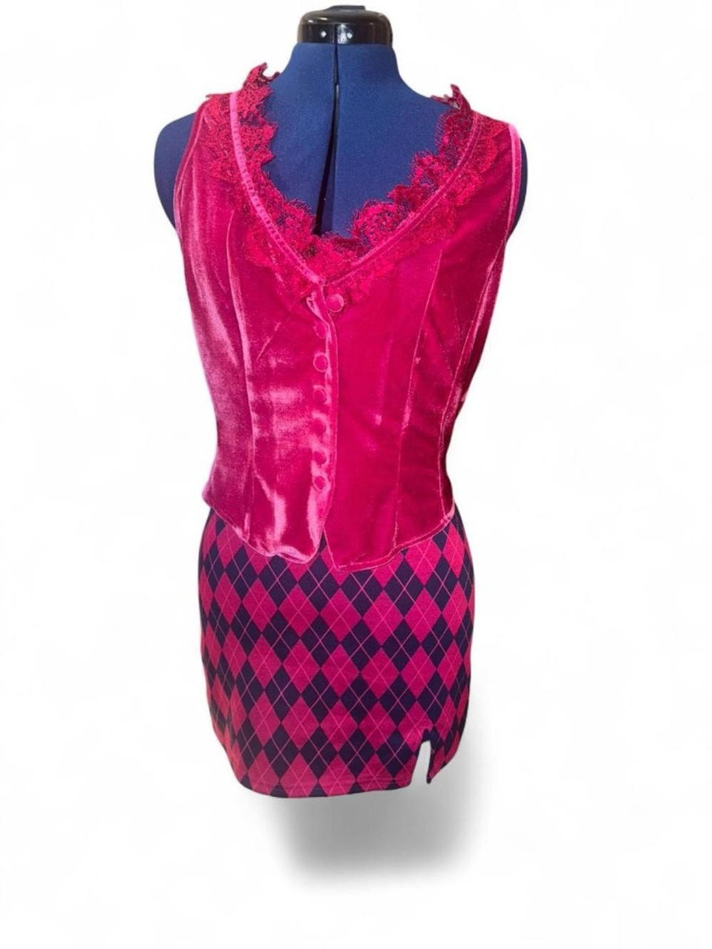 SO Fuchsia Velvet Lace-Trim Vest with Fuchsia & Navy Argyle Skirt